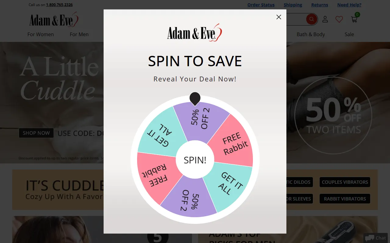 Screenshot of the Adam & Eve homepage (adameve.com)