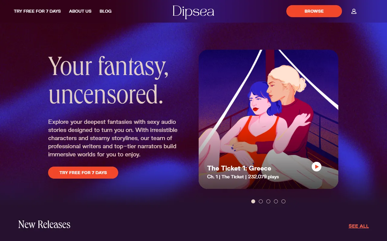 Screenshot of the Dipsea homepage (dipseastories.com)