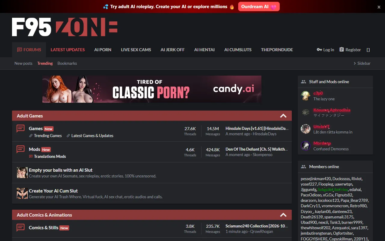 Screenshot of the F95Zone homepage (f95zone.to)