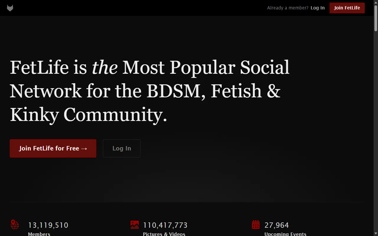 Screenshot of the FetLife homepage (fetlife.com)