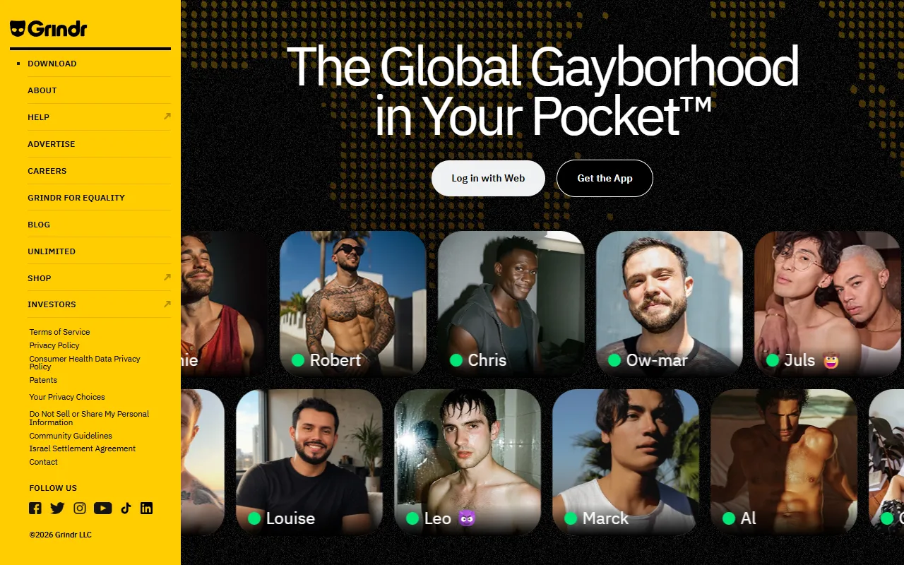 Screenshot of the Grindr homepage (grindr.com)