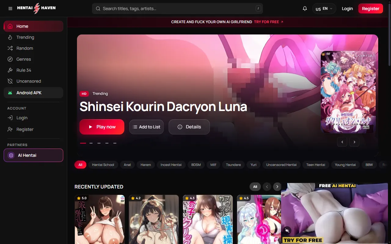 Screenshot of the HentaiHaven homepage (hentaihaven.xxx)