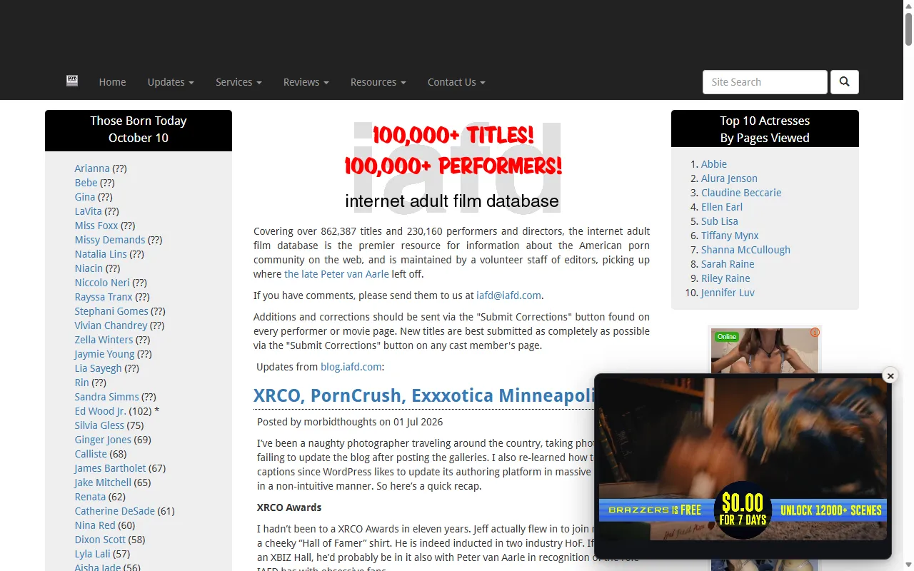Screenshot of the IAFD homepage (iafd.com)