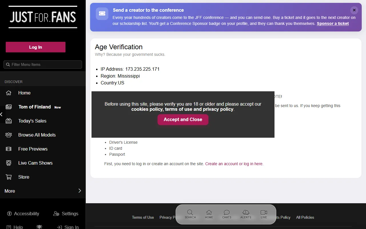 Screenshot of the JustFor.Fans homepage (justfor.fans)