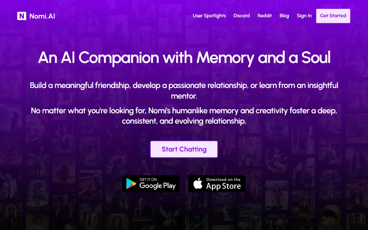 Screenshot of the Nomi homepage (nomi.ai)