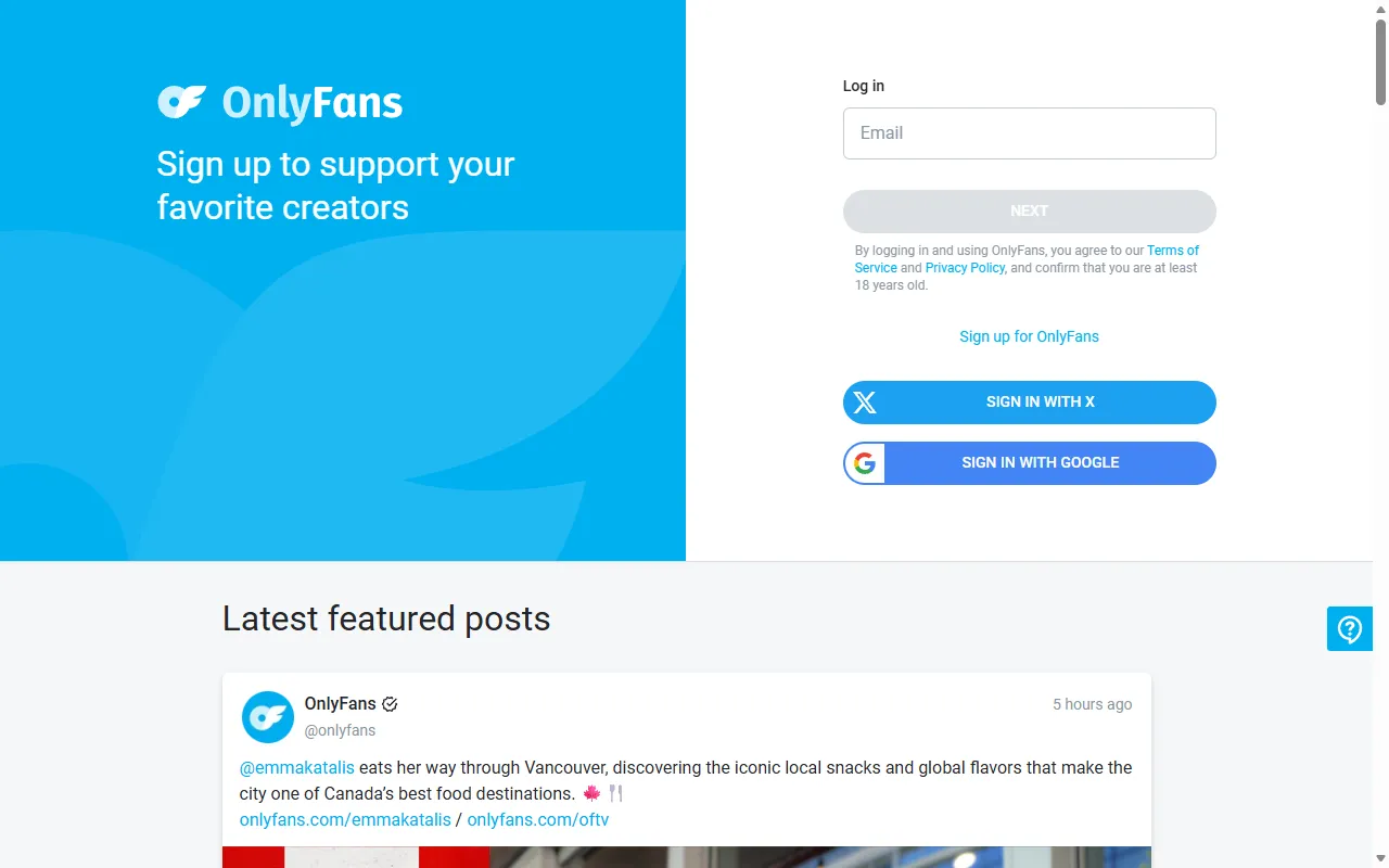 Screenshot of the OnlyFans homepage (onlyfans.com)