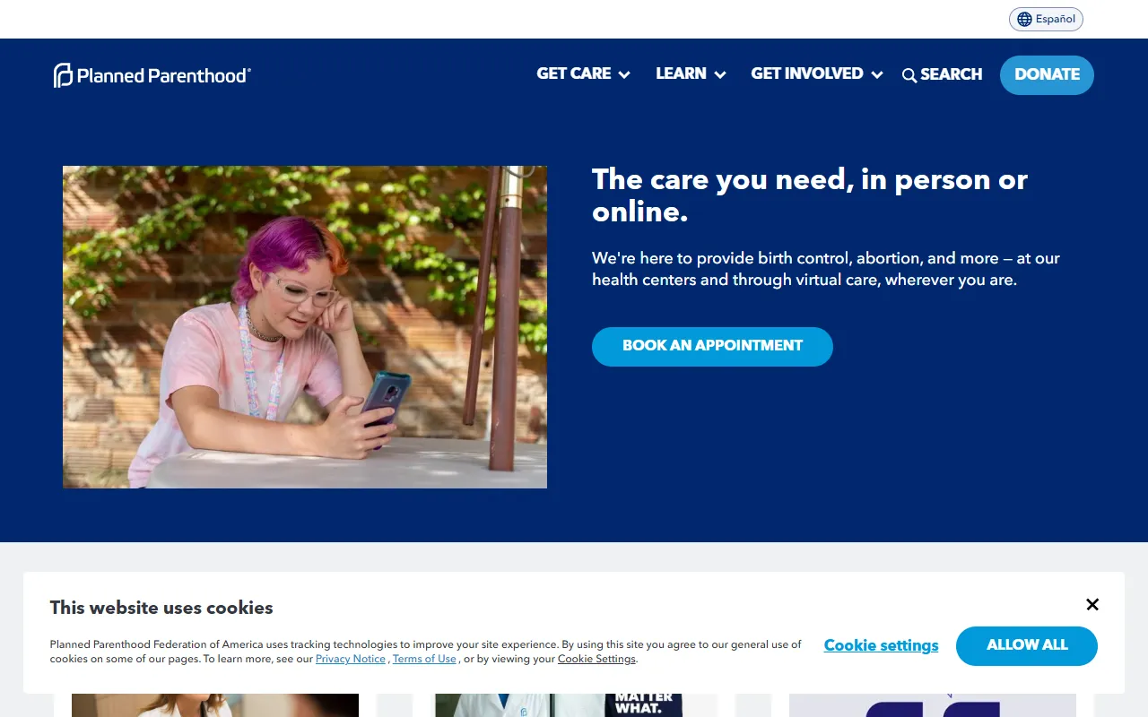 Screenshot of the Planned Parenthood homepage (plannedparenthood.org)