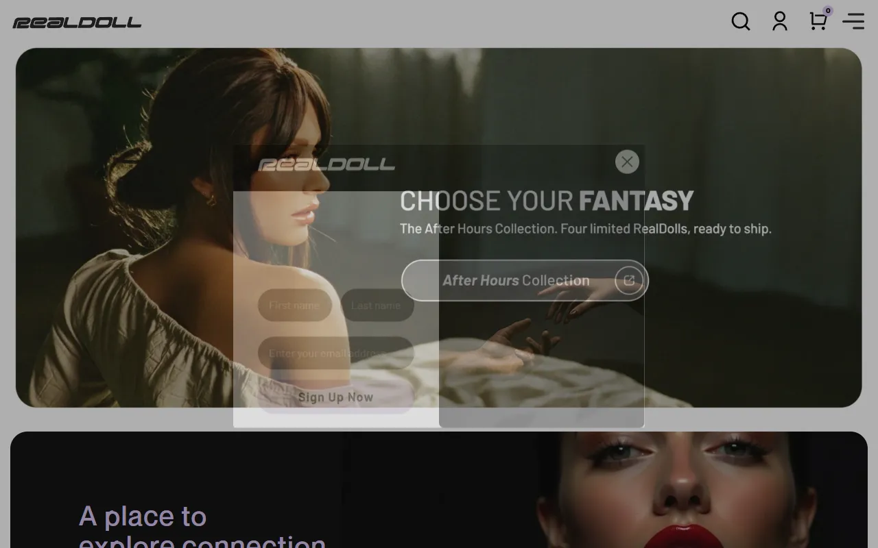 Screenshot of the RealDoll homepage (realdoll.com)