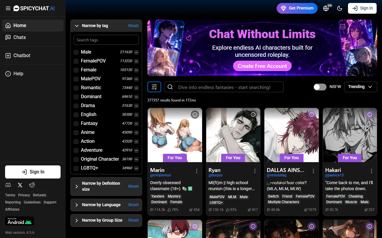 Screenshot of the SpicyChat homepage (spicychat.ai)