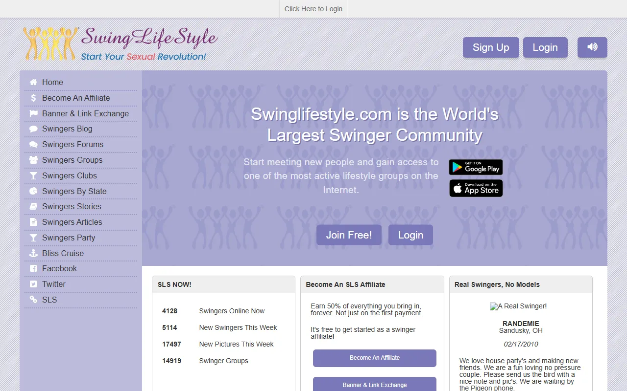 Screenshot of the SwingLifeStyle homepage (swinglifestyle.com)