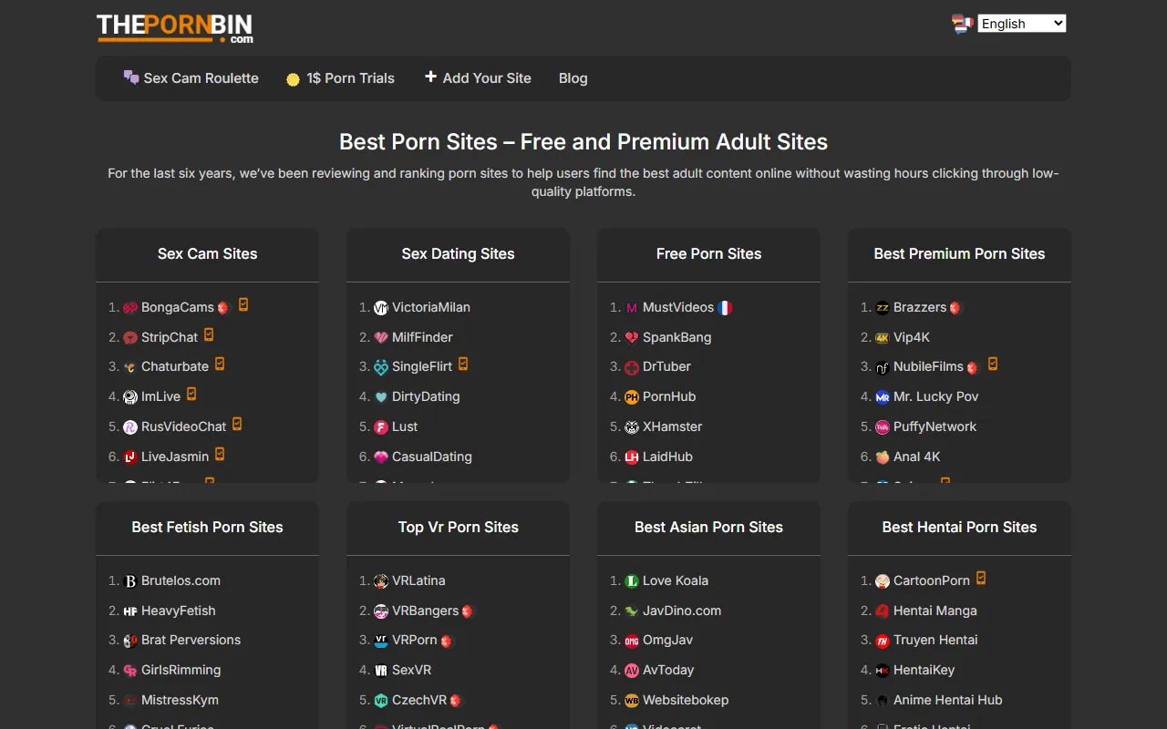 Screenshot of the ThePornBin homepage (thepornbin.com)