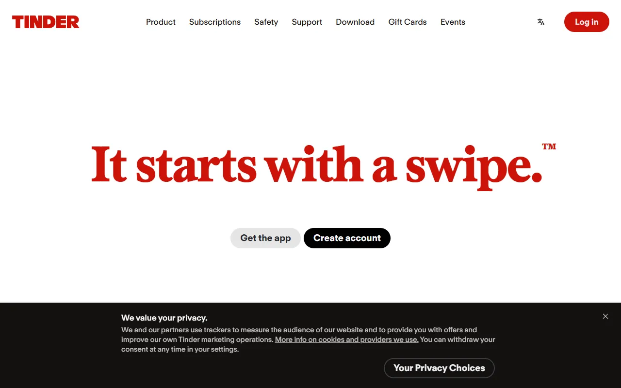 Screenshot of the Tinder homepage (tinder.com)