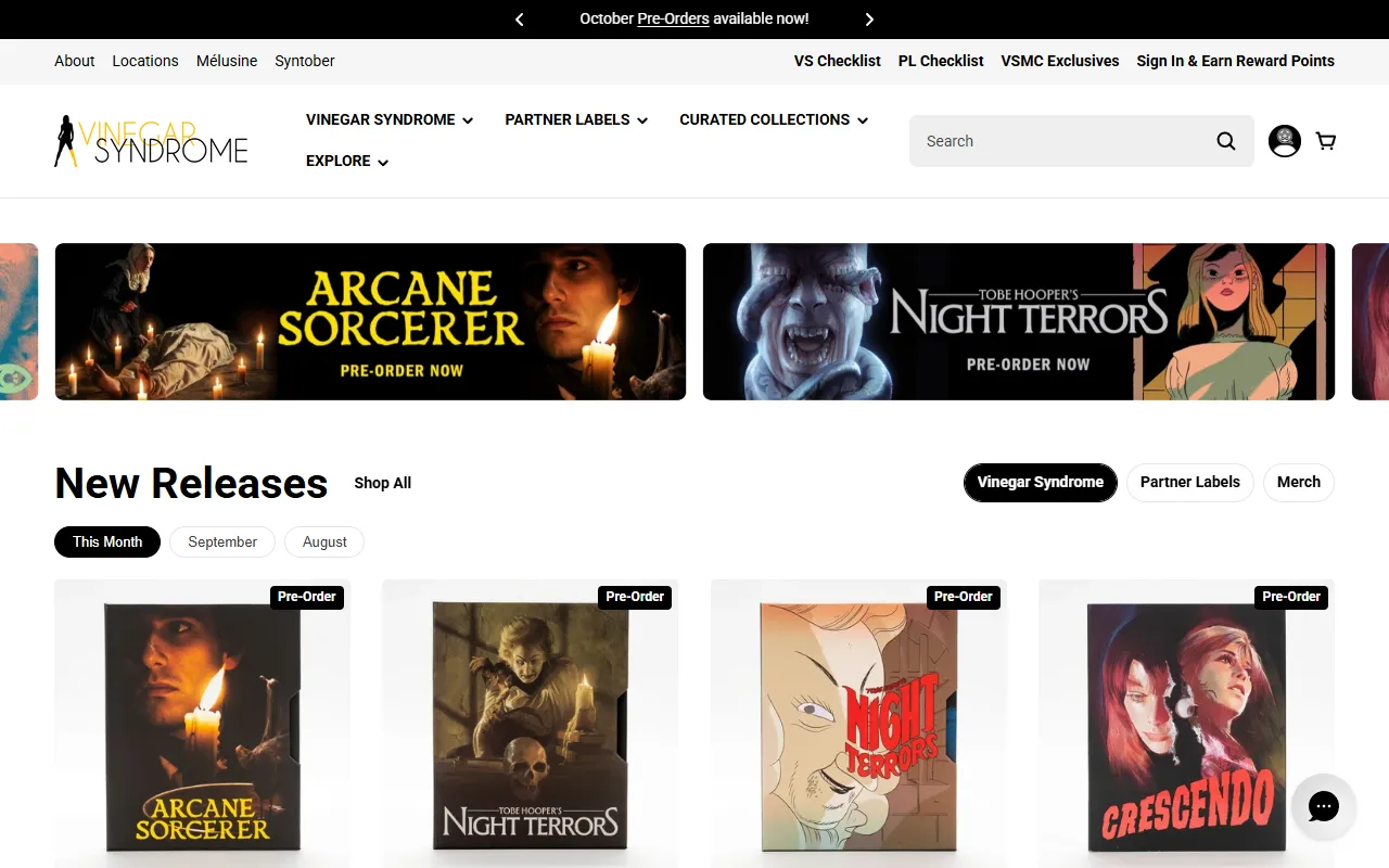 Screenshot of the Vinegar Syndrome homepage (vinegarsyndrome.com)