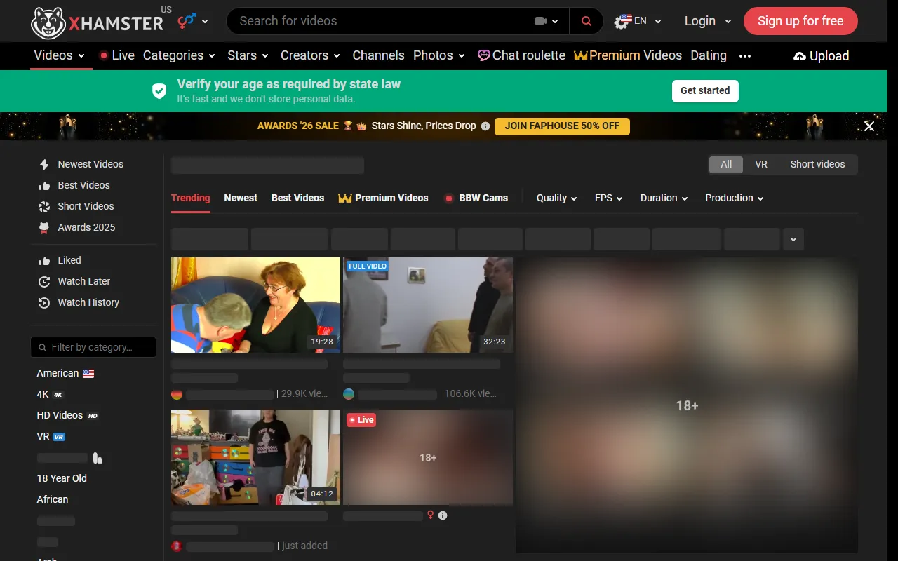 Screenshot of the xHamster BBW homepage (xhamster.com)