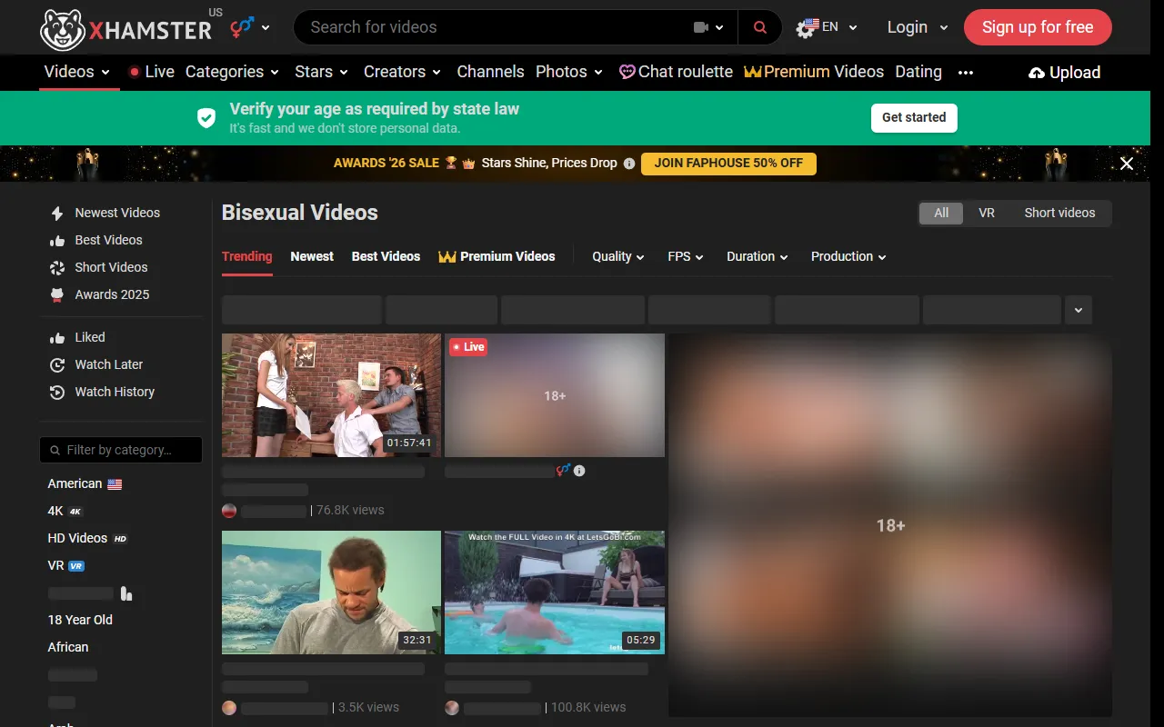 Screenshot of the xHamster Bisexual homepage (xhamster.com)