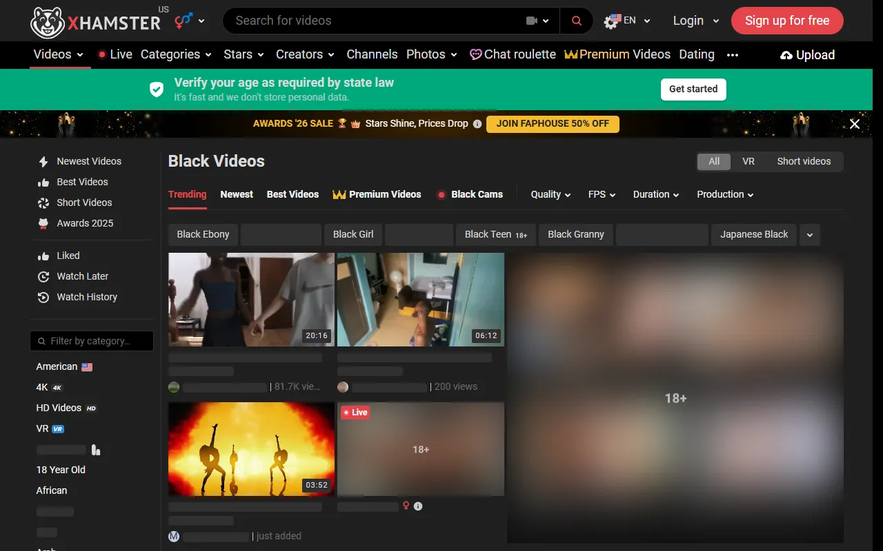Screenshot of the xHamster Ebony homepage (xhamster.com)