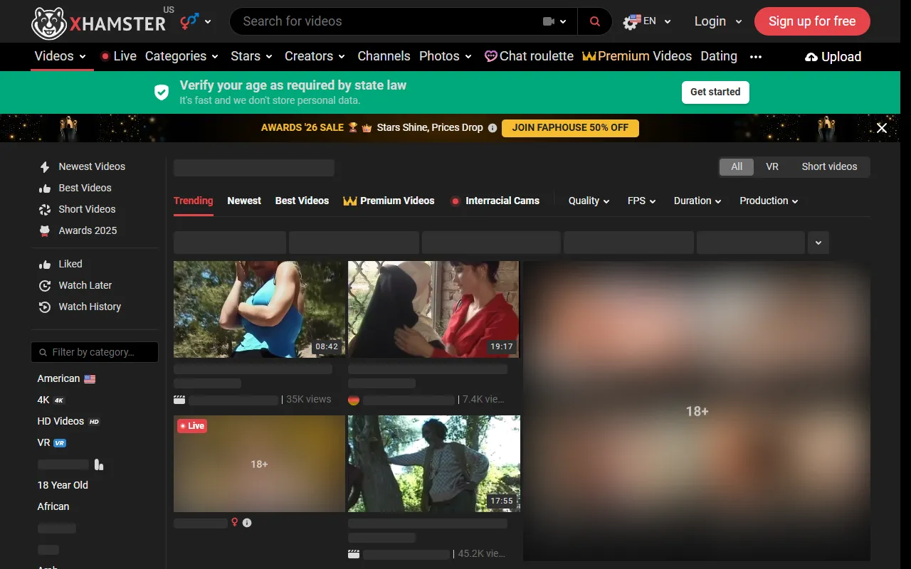 Screenshot of the xHamster Interracial homepage (xhamster.com)