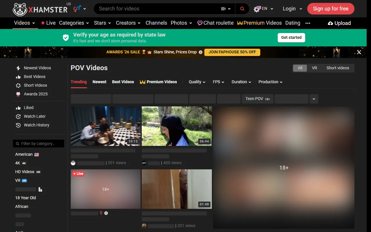 Screenshot of the xHamster POV homepage (xhamster.com)