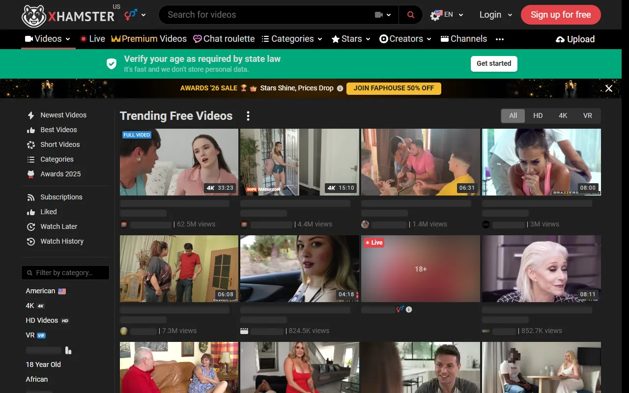 Screenshot of the xHamster homepage (xhamster.com)